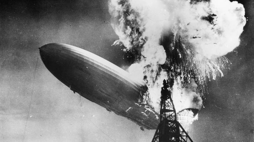 The Hindenburg disaster at Lakehurst, New Jersey, which marked the end of the era of passenger-carrying airships.