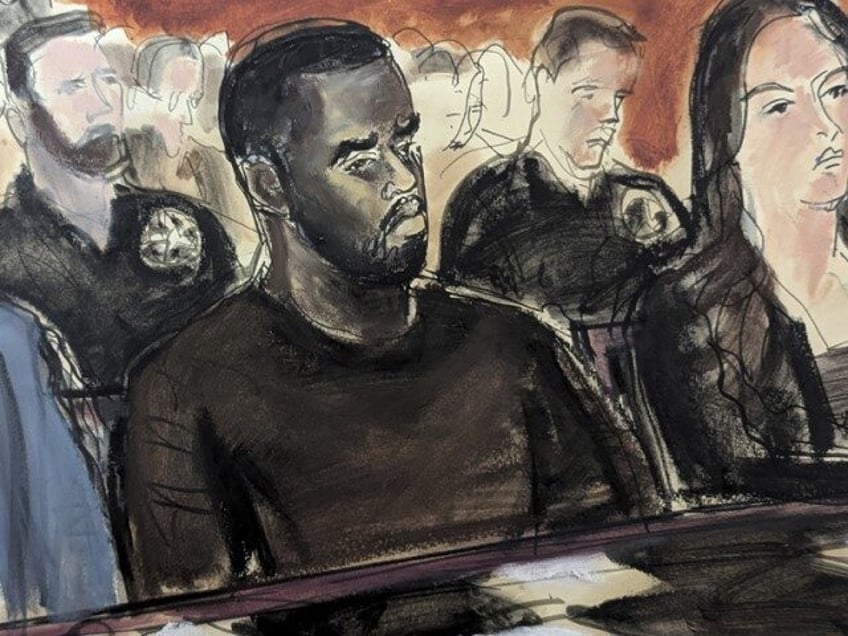 In this courtroom sketch, Sean Combs, center, is flanked by his defense attorney Marc Agni