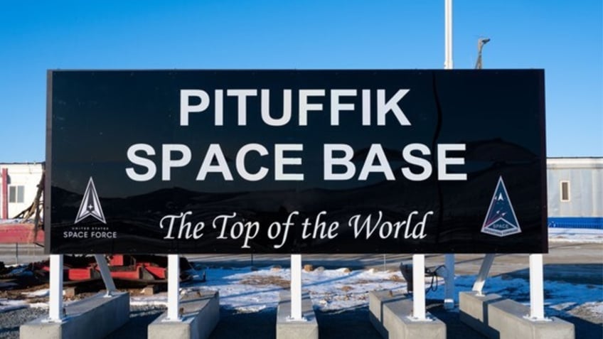 The Pituffik Space Base sign is showcased at the headquarters building at Pituffik Space Base, Greenland, on April 6, 2023. Pituffik, previously known as Thule Air Base, was renamed on the same day.