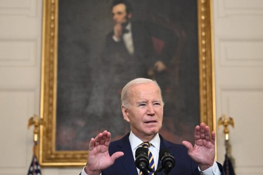 US President Joe Biden speaks in the State Dining Room of the White House on February 6, 2024 in Washington, DC