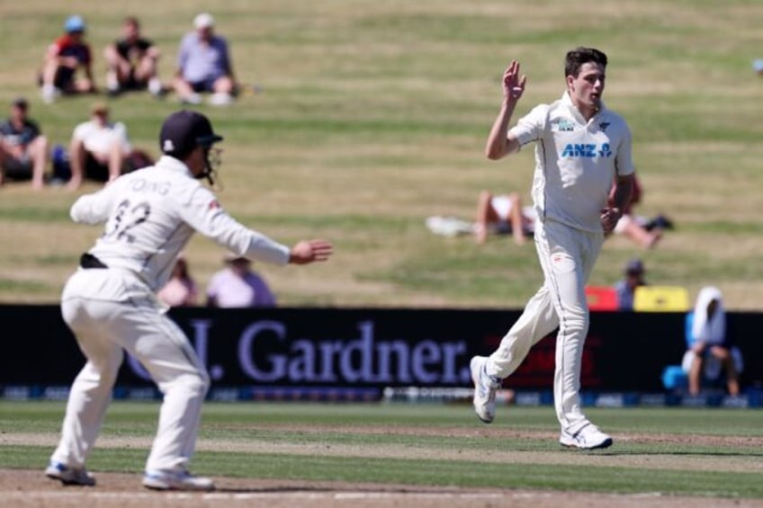 New Zealand seamer Will O’Rourke celebrates a wicket during the second test against Sout