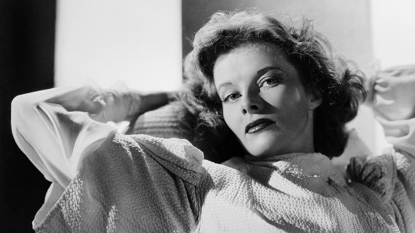 A close-up of Katharine Hepburn in a black and white glamour shot