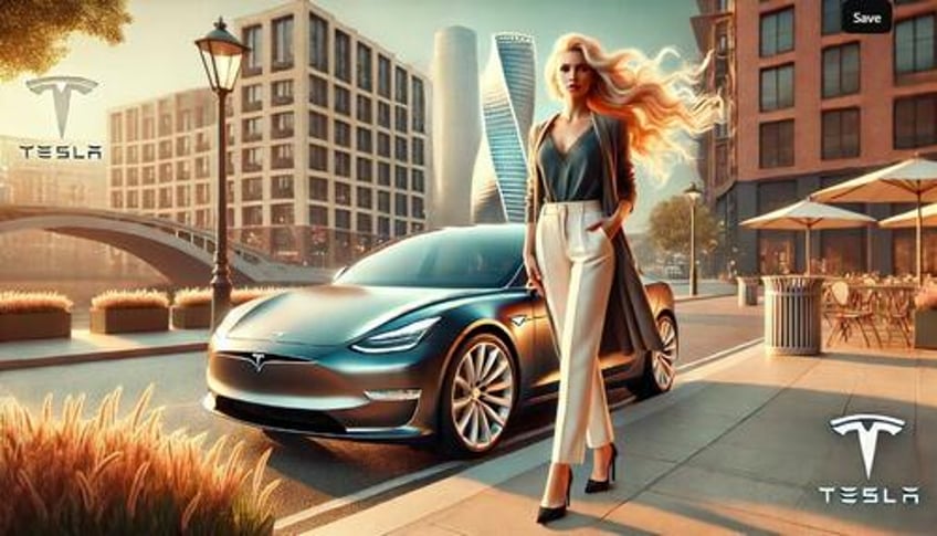 A woman standing next to a Tesla sedan. 