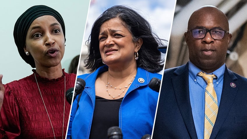 A three-way split image of Reps. Ilhan Omar, Pramila Jayapal and Jamaal Bowman