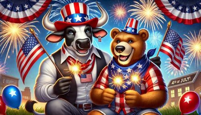 An anthropomorphic bull and bear celebrating the 4th of July. 