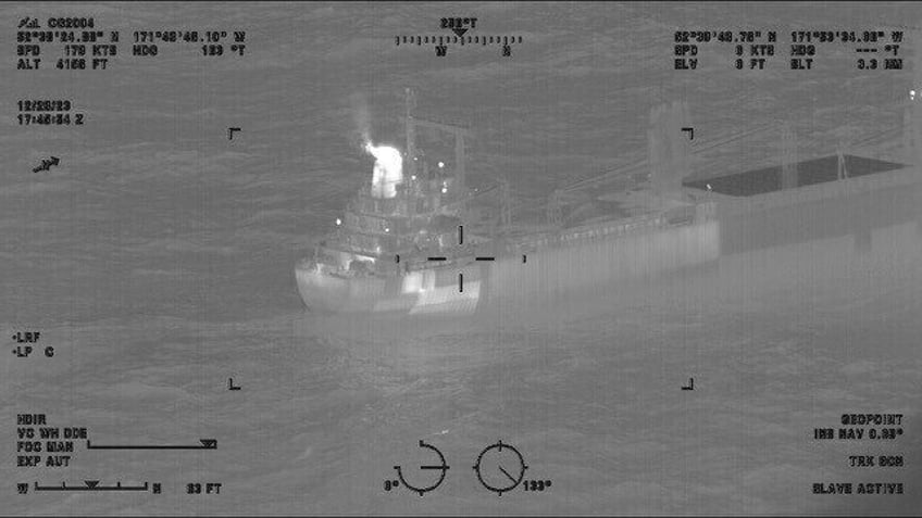 FILE - This image provided by the U.S. Coast Guard shows a reported fire aboard the 410-foot cargo vessel Genius Star XI, approximately 200 miles southwest of Dutch Harbor, Alaska, Dec. 29, 2023. The fire in the large cargo ship's hold was out Saturday, Dec. 30, after days of burning, …