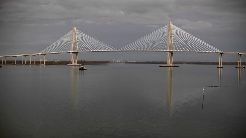 The Arthur Ravenel Jr. Bridge is seen on a cloudy day in South Carolina.