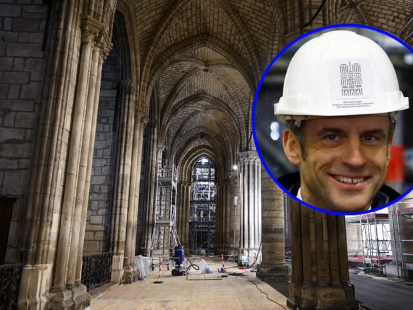 TOPSHOT - A picture shows machinery and scaffolding of construction and renovation work inside the Notre-Dame cathedral in Paris on April 15, 2022, on the third anniversary of a fire that partially destroyed the cathedral. (Photo by Bertrand GUAY / AFP) (Photo by BERTRAND GUAY/AFP via Getty Images) French President …