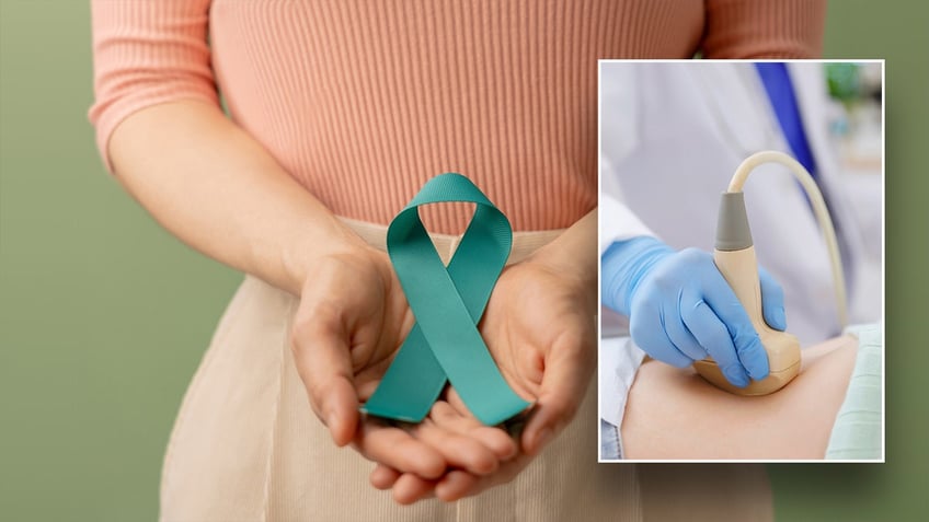 Woman holding ovarian cancer ribbon in the background of a woman getting an ultrasound