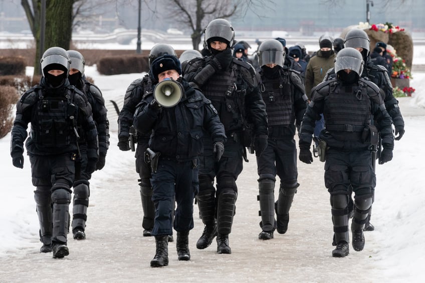 ST PETERSBURG, RUSSIA - 2024/02/17: Police block the way to the monument to victims of political repression to honor the memory of Russian opposition leader Alexei Navalny the day after news of his death in St. Petersburg. (Photo by Andrei Bok/SOPA Images/LightRocket via Getty Images)