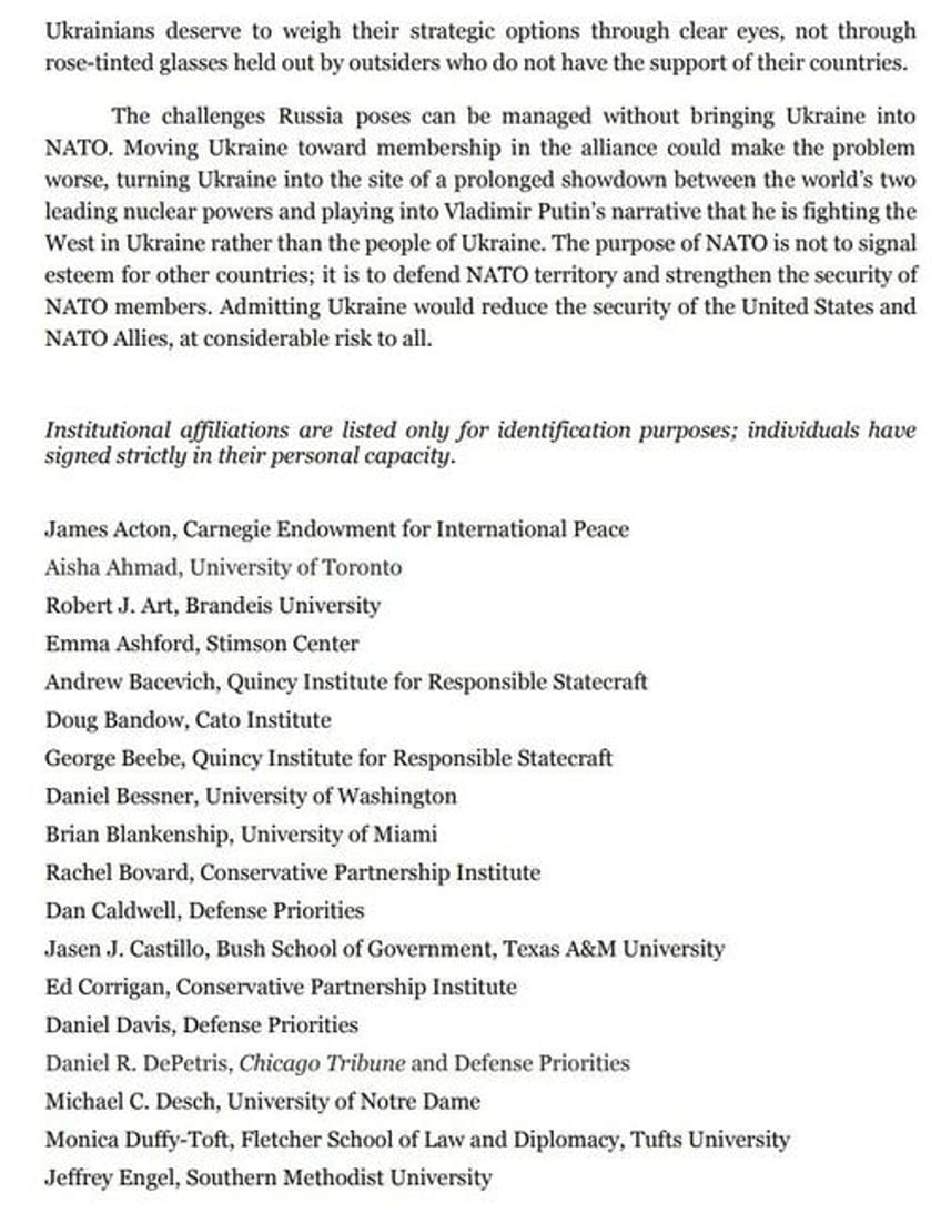 over 60 foreign policy experts issue letter urging nato against advancing ukraine membership