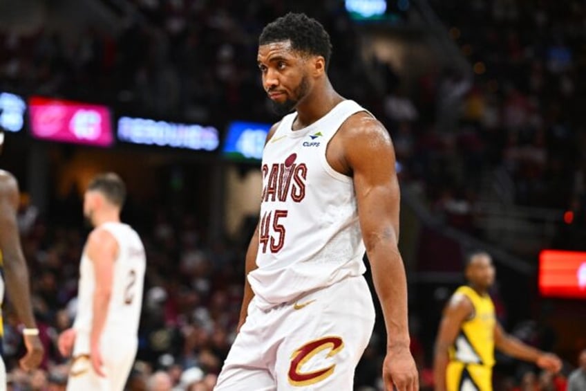 Donovan Mitchell of the Cleveland Cavaliers reacts during the fourth quarter of the Cavs'