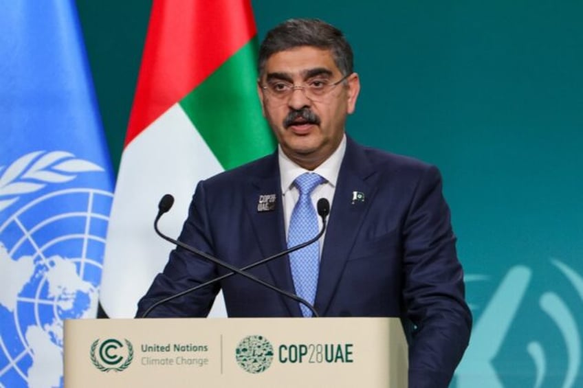 Pakistan Prime Minister Anwaar-ul-Haq Kakar speaks during the UN climate summit in Dubai in December