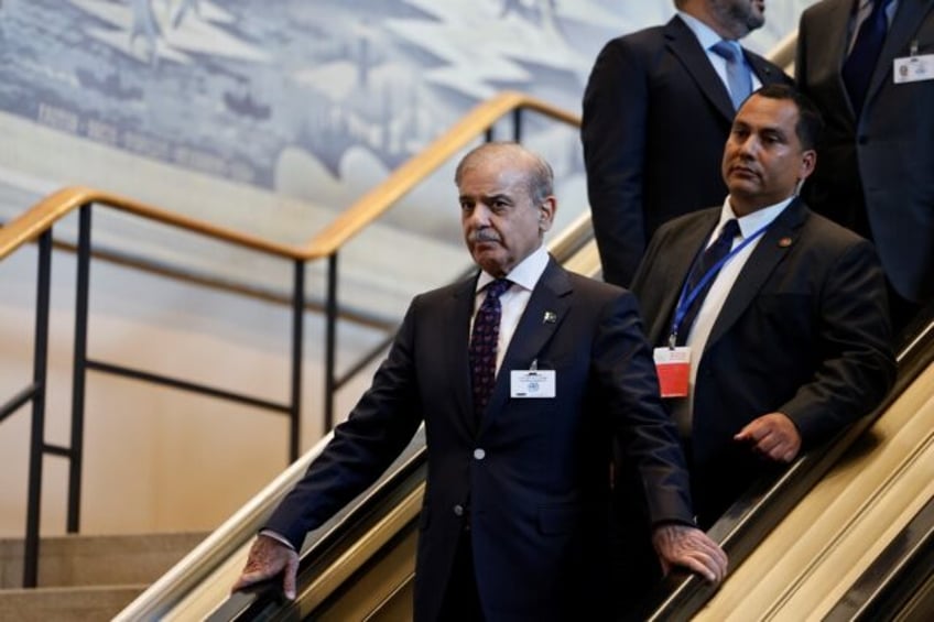 Pakistani Prime Minister Shehbaz Sharif leaves UN headquarters during the United Nations G