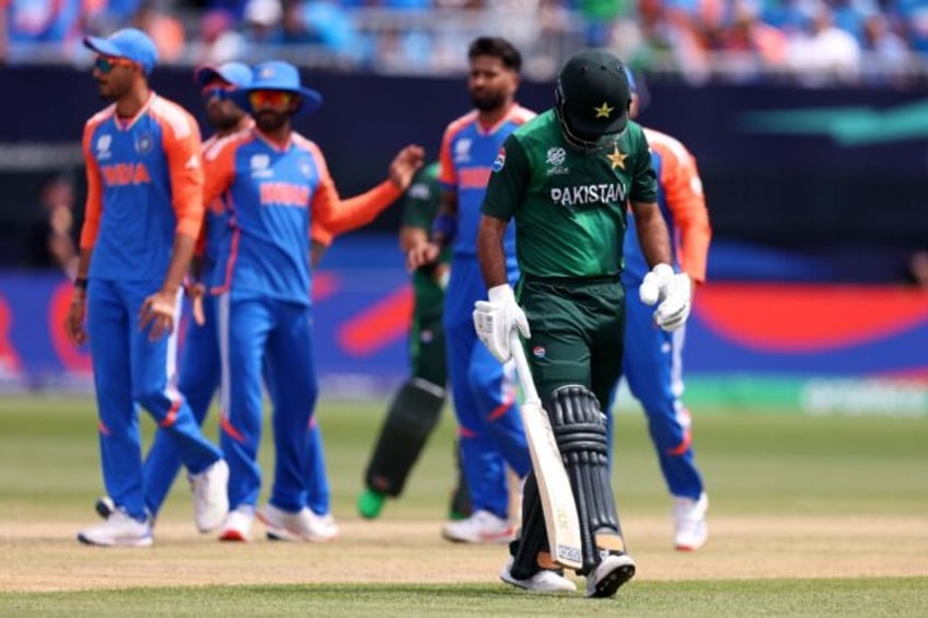 Fakhar Zaman of Pakistan leaves the field in New York after his dismissal in the T20 defea