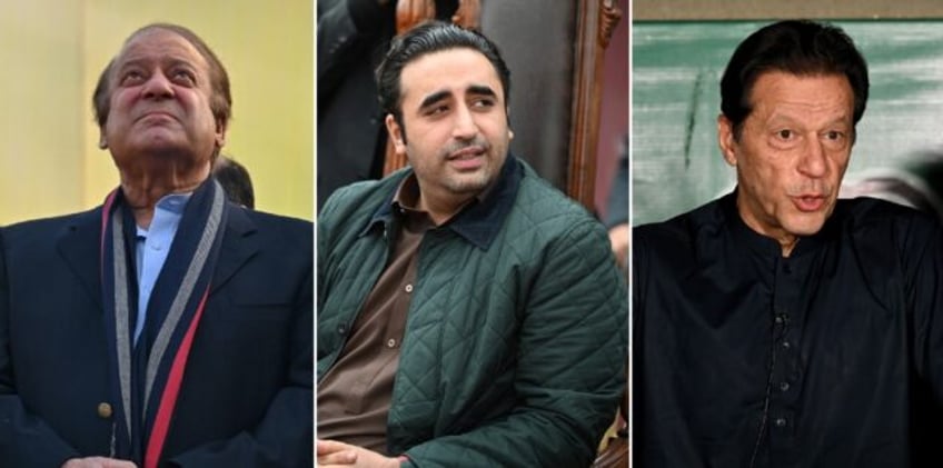 Pakistan's presidential candidates Nawaz Sharif (L), Bilawal Bhutto Zardari (C) and jailed Imran Khan