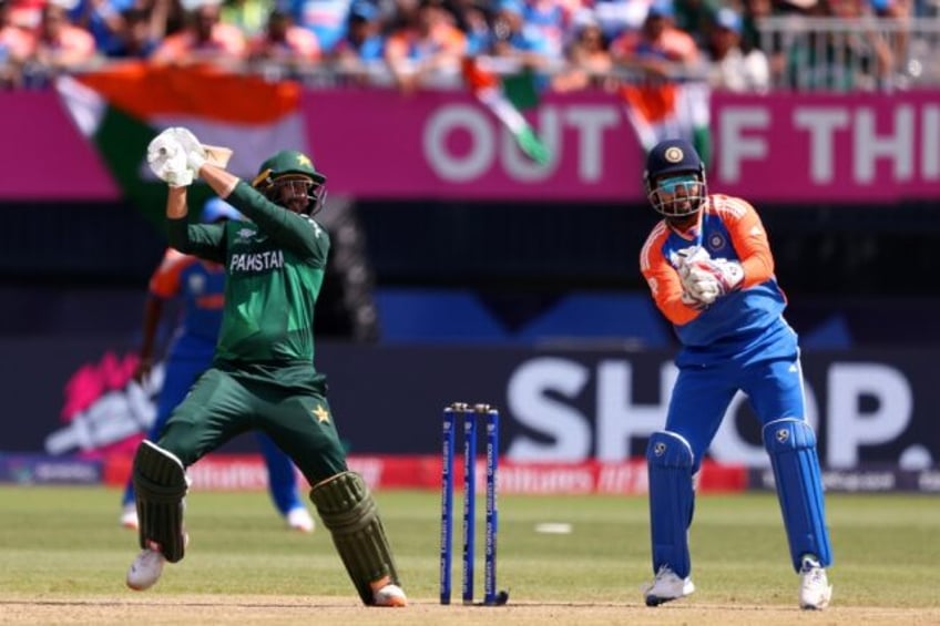 Imad Wasim of Pakistan bats during the T20 World Cup defeat to India in New York.