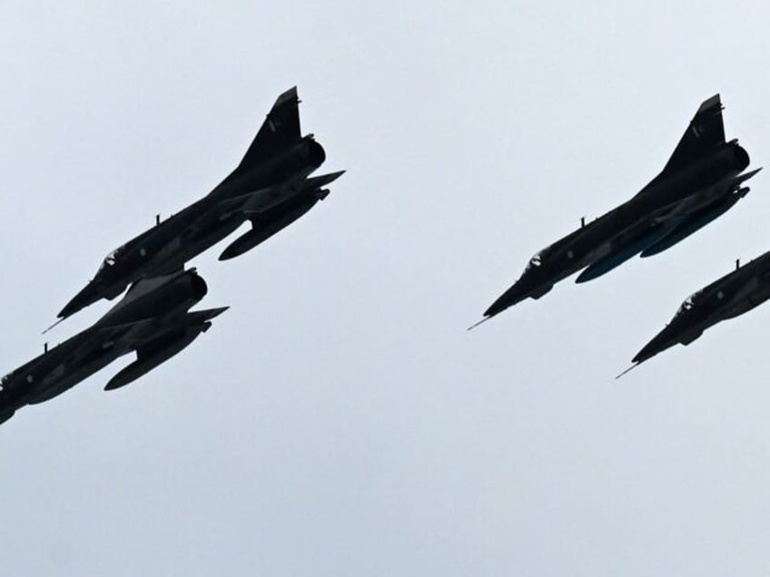 Pakistan's Air Force fighter Mirage aircrafts take part in a rehearsal for the Pakistan Day parade, in Islamabad on March 14, 2022, as Pakistan will celebrate its National Day on March 23. (Photo by Aamir QURESHI / AFP) (Photo by AAMIR QURESHI/AFP via Getty Images)