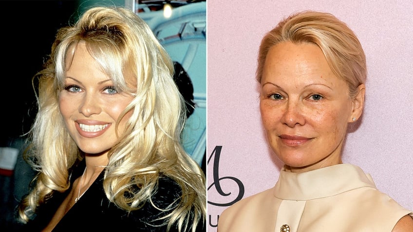 Pamela Anderson in 1995 wearing a black blouse smiling showing her teeth with bright blonde hair split Pamela Anderson in a cream blouse with no makeup in 2024