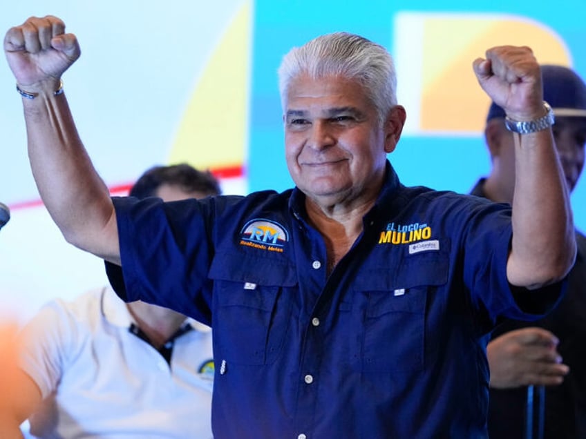 Presidential candidate Jose Raul Mulino, of the Achieving Goals party, celebrates after wi