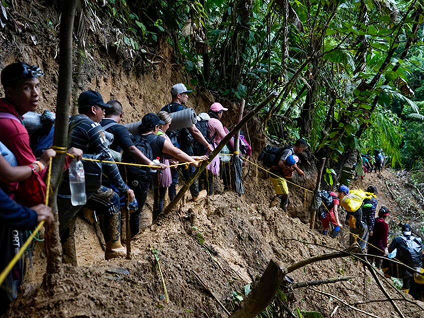 A group of migrants, mostly Venezuelans, walk across the Darien Gap from Colombia into Pan