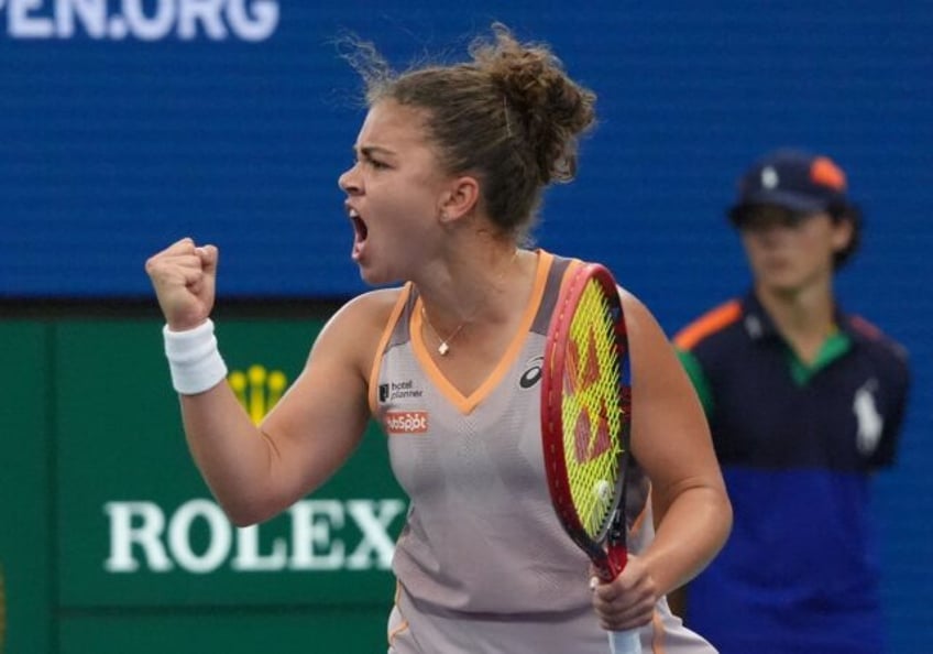 Italy's Jasmine Paolini celebrates a set point in her US Open victory over Yulia Putintsev