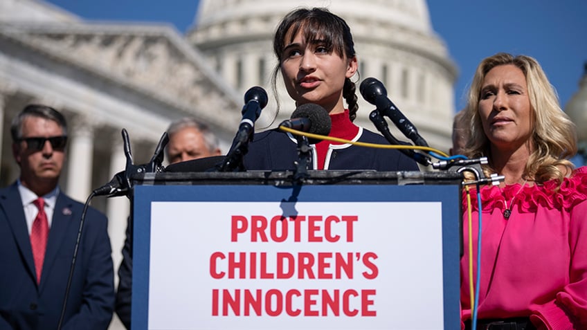 Detransitioner Chloe Cole speaks at a news conference on Capitol Hill