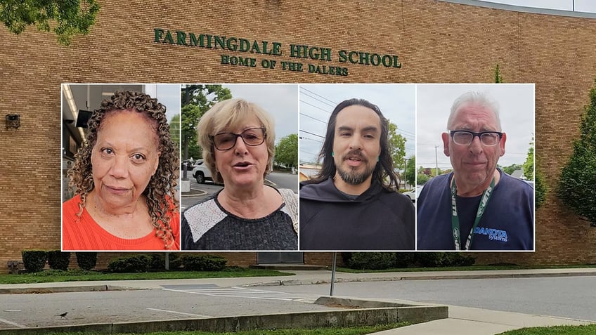 Farmingdale residents inset over the sign outside Farmingdale High School in Farmingdale, New York.