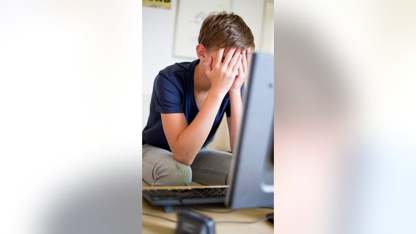 Boy with head in hands on computer