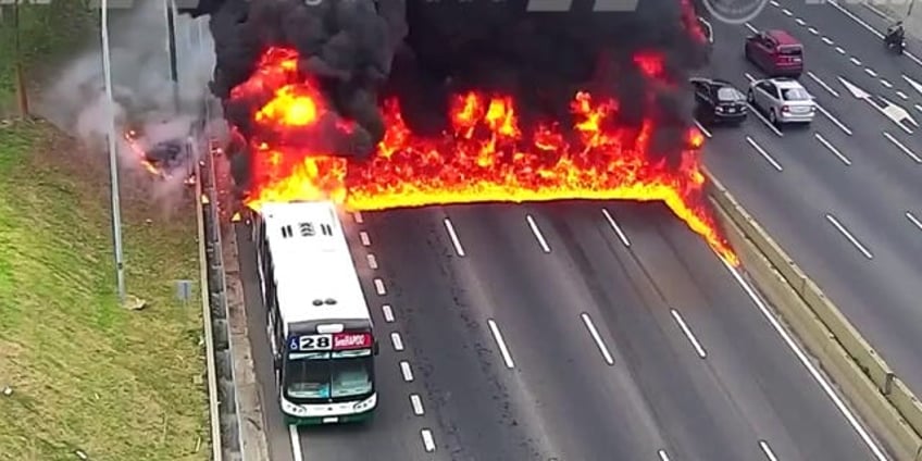 passengers on argentina bus run for their lives after public bus becomes engulfed in flames