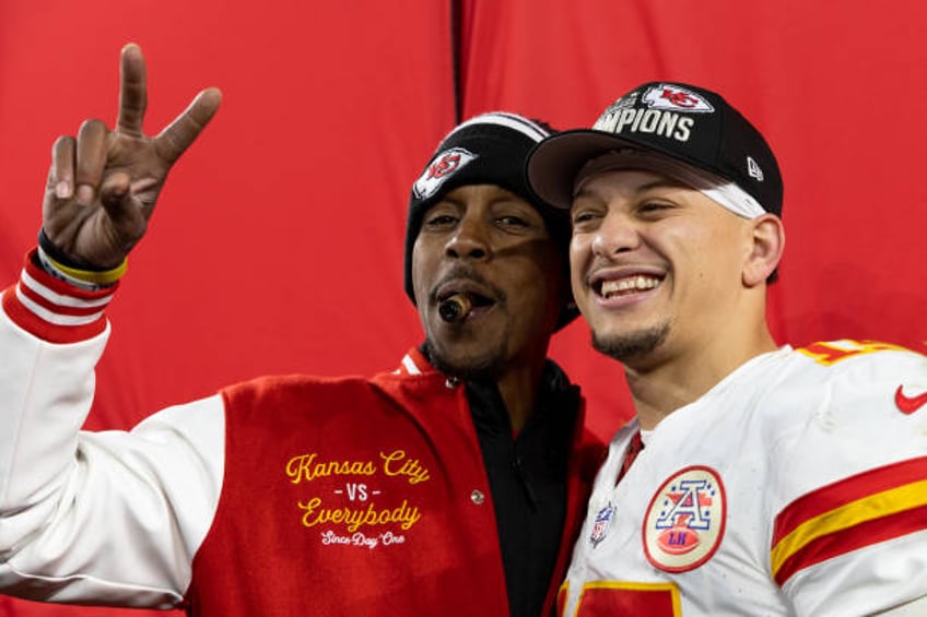 Patrick Mahomes of the Kansas City Chiefs celebrates with his father Pat Mahomes after the AFC Championship NFL football game at M&T Bank Stadium on...