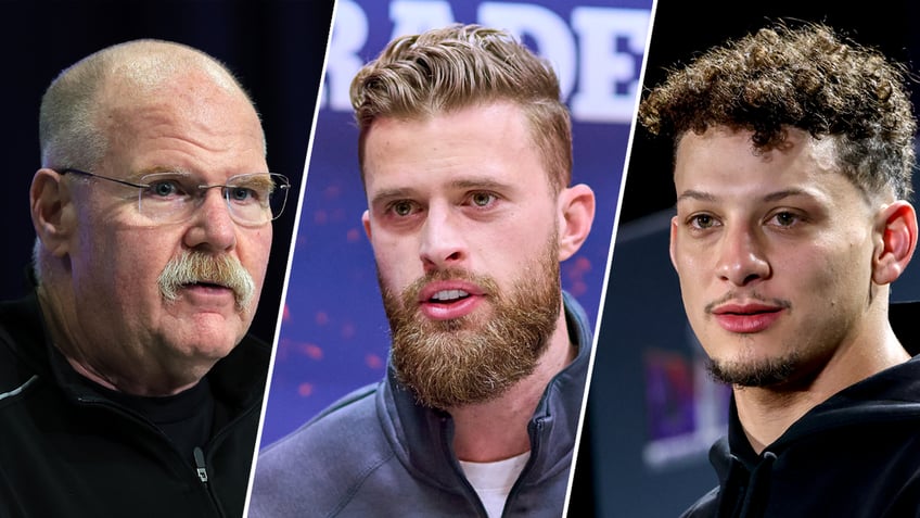 Andy Reid, Harrison Butker and Patrick Mahomes side by side