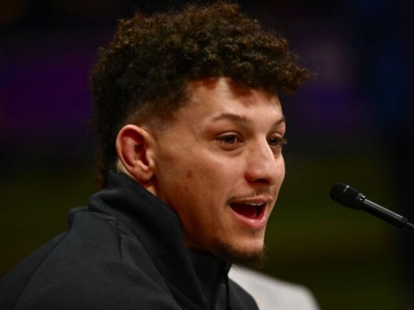 Quarterback Patrick Mahomes of the Kansas City Chiefs speaks during Super Bowl LVIII Opening Night at Allegiant Stadium in Las Vegas, Nevada on February 5, 2024. (Photo by Patrick T. Fallon / AFP)