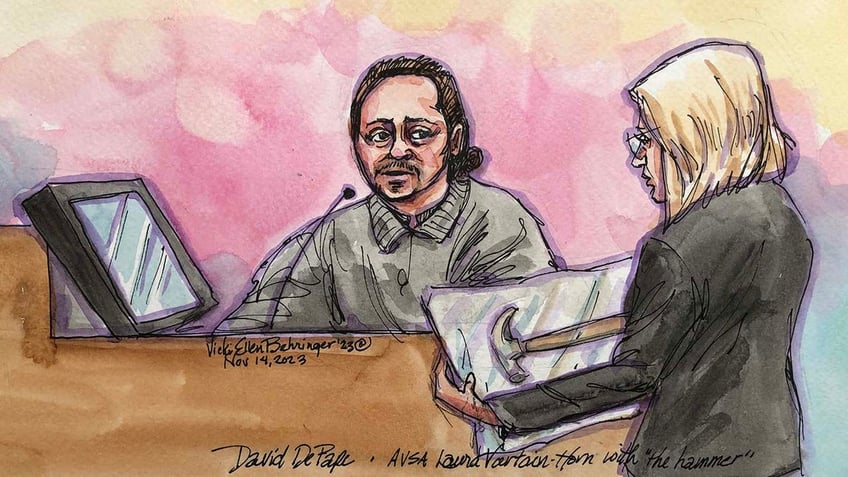 A courtroom sketch depicts the trial of David DePape