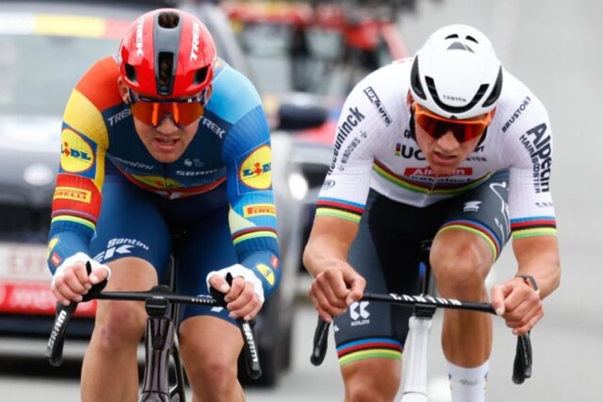 Mads Pedersen (L) on his way to triumph over Mathieu van der Poel