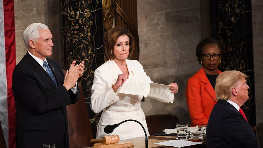 Then-House Speaker Nancy Pelosi tore her printed copy of President Trump’s State of the Union address 