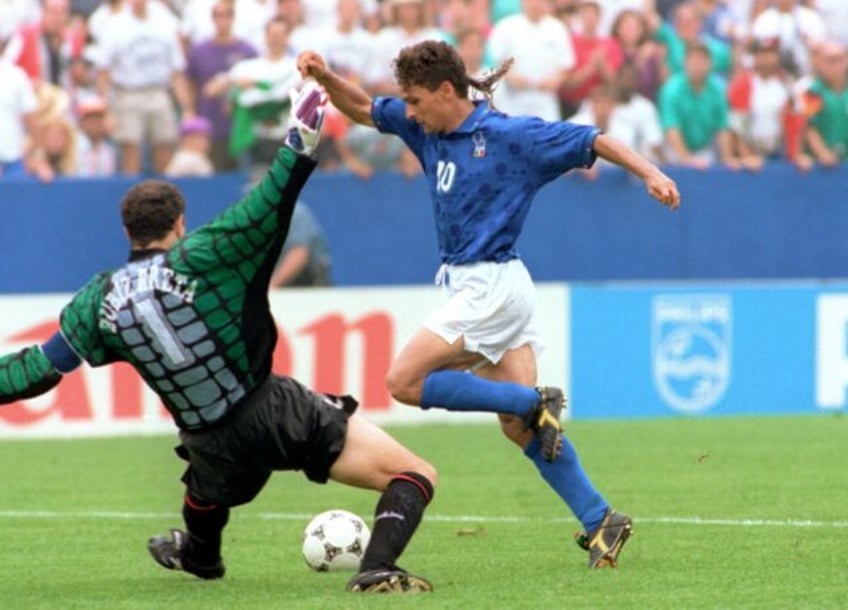 Roberto Baggio nets the winning goal against Spain at the 1994 World Cup in the USA