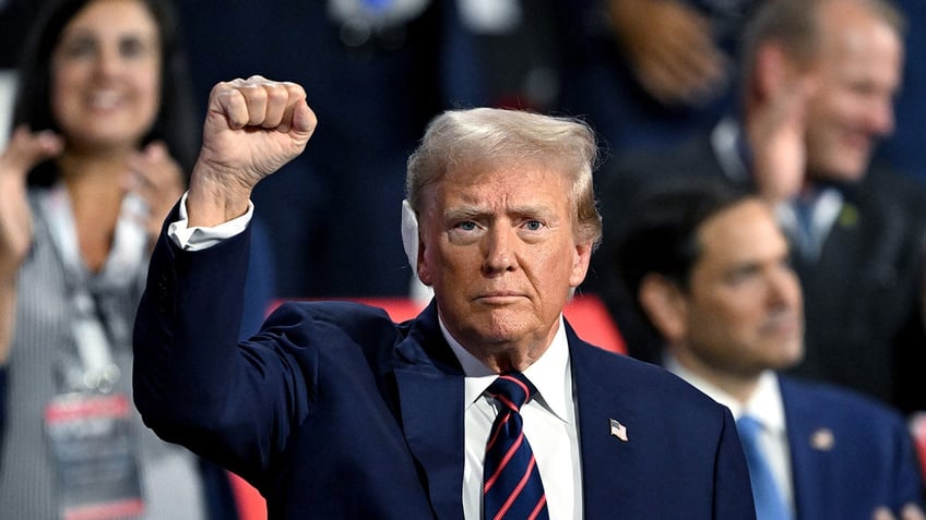 Donald Trump raising fist in RNC shot, bandage seen on his right ear