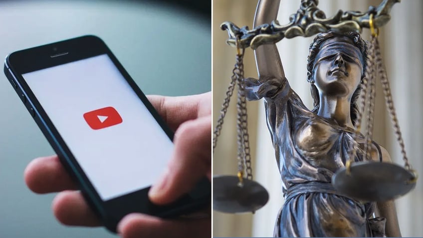 YouTube logo and justice statue split image