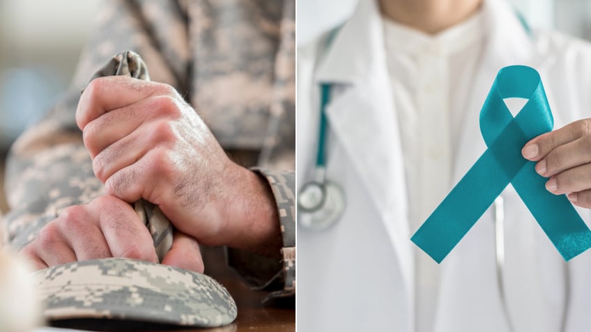 Split image of soldier's hands and PTSD month ribbon