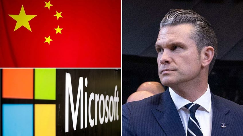 Pete Hegseth, right, with China flag, Microsoft logo top left, bottom left