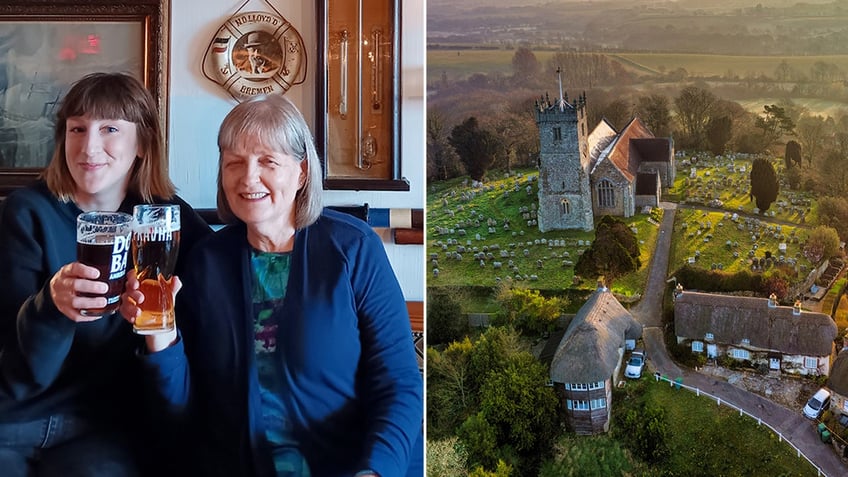 split image of woman and her niece toasting beers and a view of the Isle of Wight