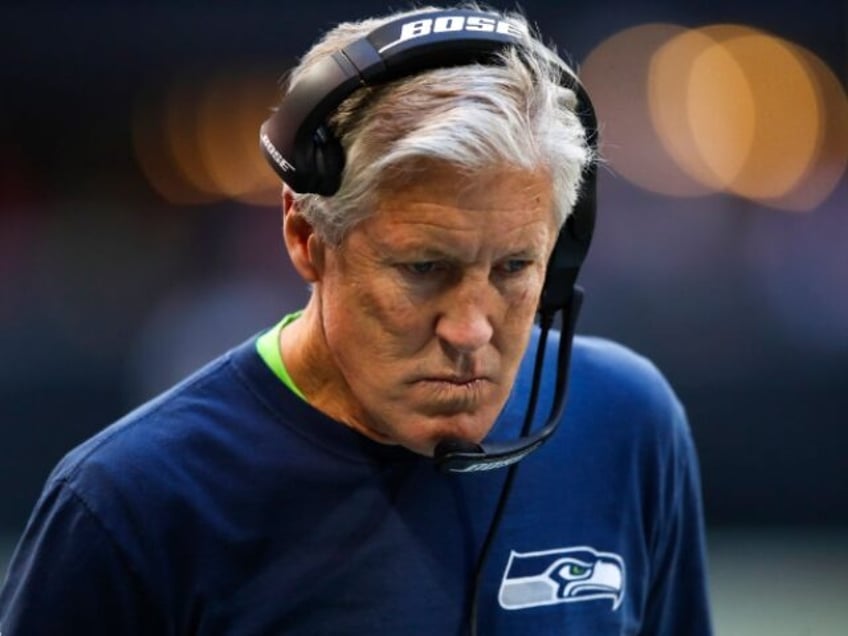 ATLANTA, GA - OCTOBER 27: Head coach Pete Carroll of the Seattle Seahawks reacts in the second half of an NFL game against the Atlanta Falcons at Mercedes-Benz Stadium on October 27, 2019 in Atlanta, Georgia. (Photo by Todd Kirkland/Getty Images) *** Local Caption *** Pete Carroll