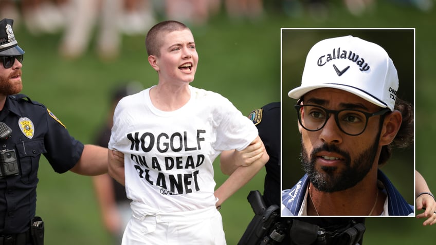 Akshay Bhatia with Travelers Championship protester side by side