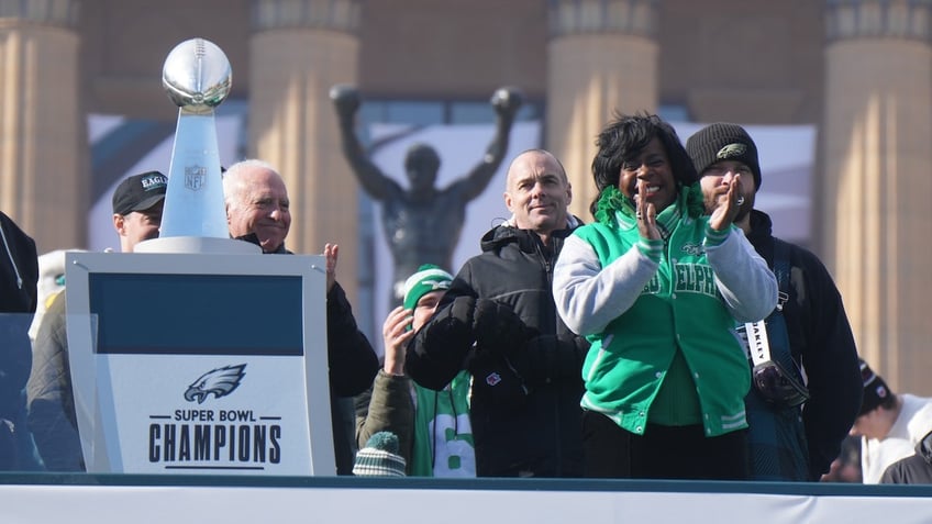 Philadelphia Mayor Cherelle Parker next to the Vince Lombardi Trophy