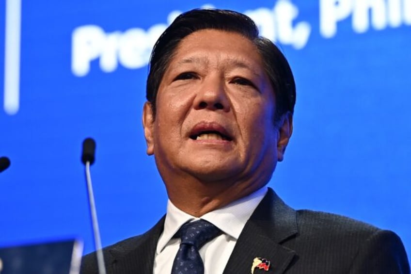 Philippine President Ferdinand Marcos addresses the 21st Shangri-La Dialogue summit in Sin