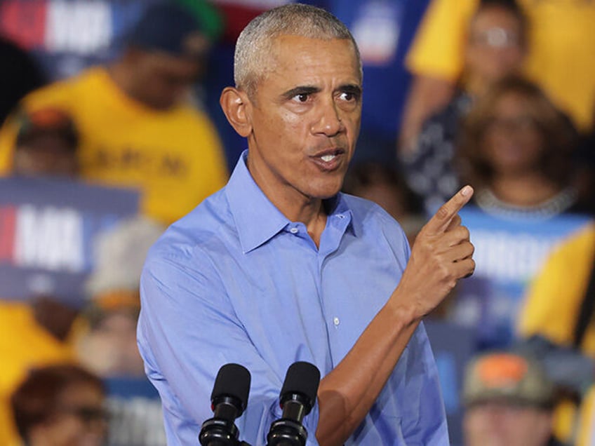 Former U.S. President Barack Obama speaks during a campaign event for Democratic president