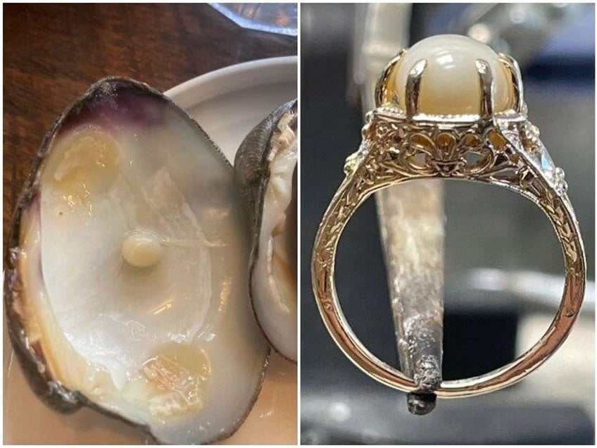 photo meant to be rare pearl found in clam dinner becomes womans engagement ring