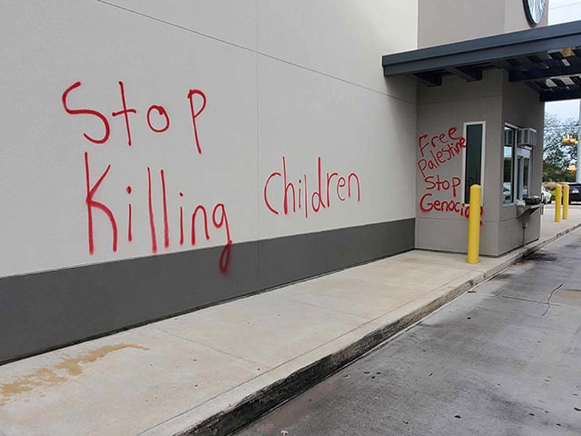 photos houston area starbucks hit with anti israel graffiti stop killing children