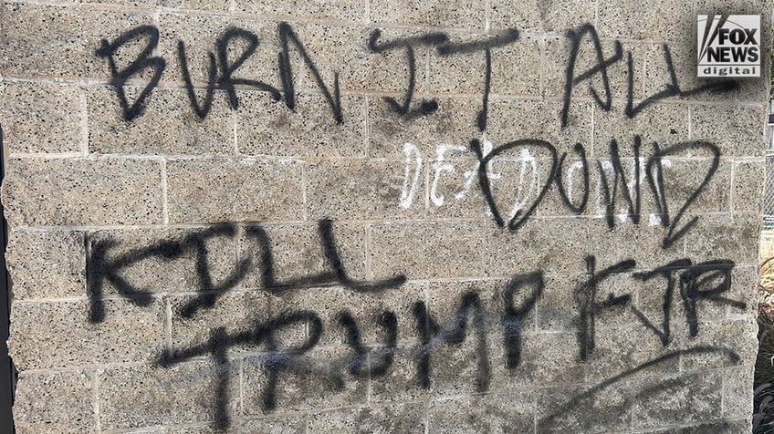 A wall in downtown Los Angeles vandalized with ‘Kill Trump’